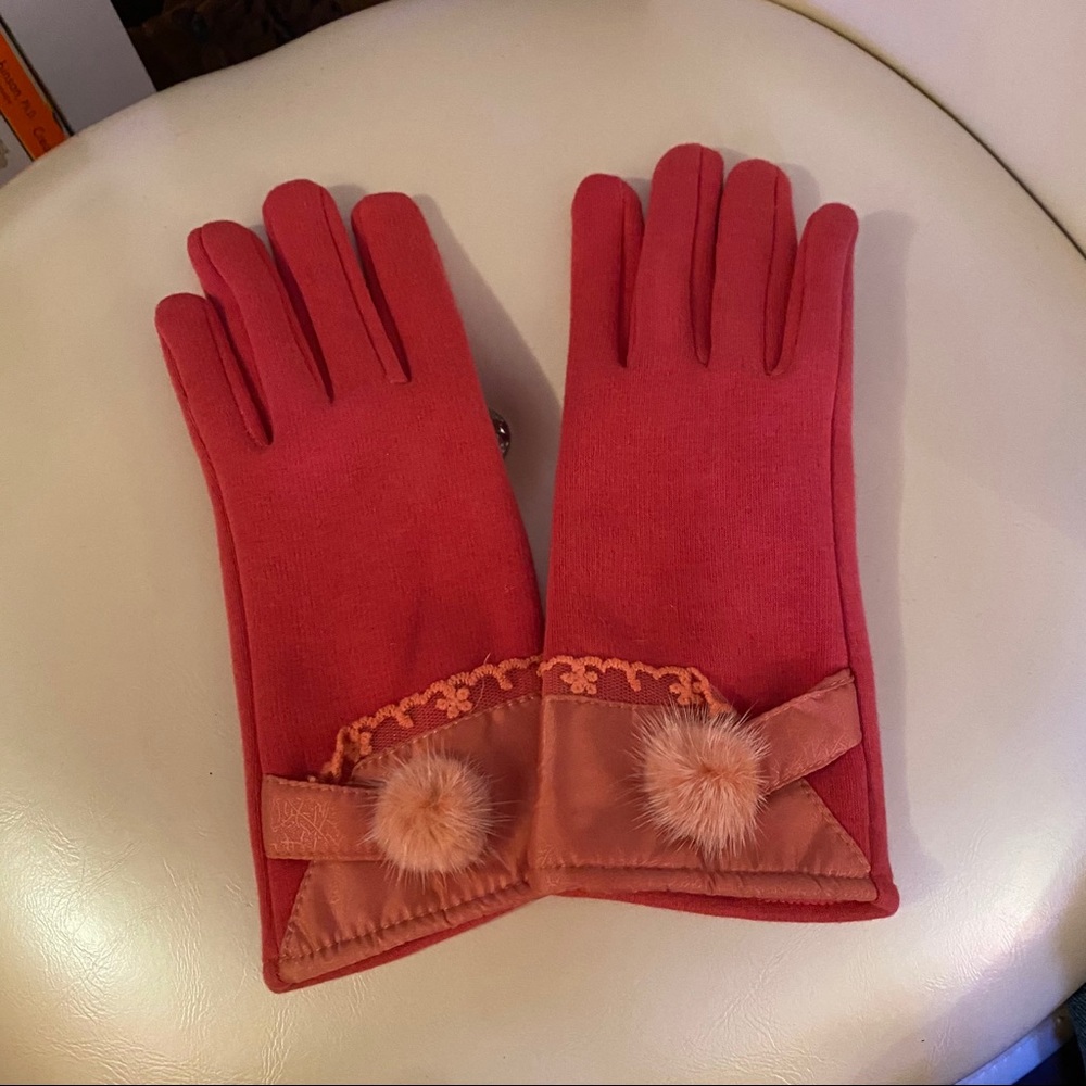 Pink Fur Pom Pom Lace Fleece Lined Gloves